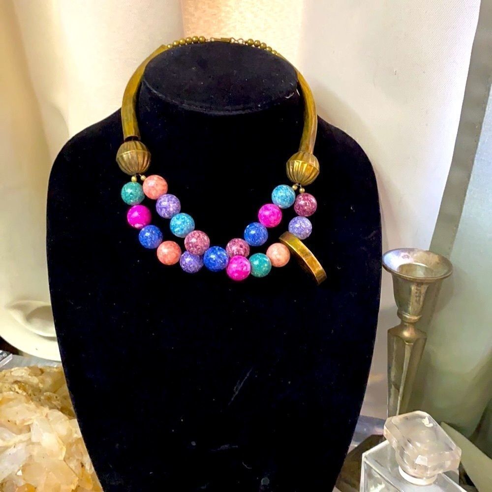 Exquisite brass, color bead boho vintage necklace